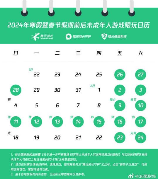 腾讯游戏发布2024年寒假限玩通知：未成年人每周限制16小时游戏时长