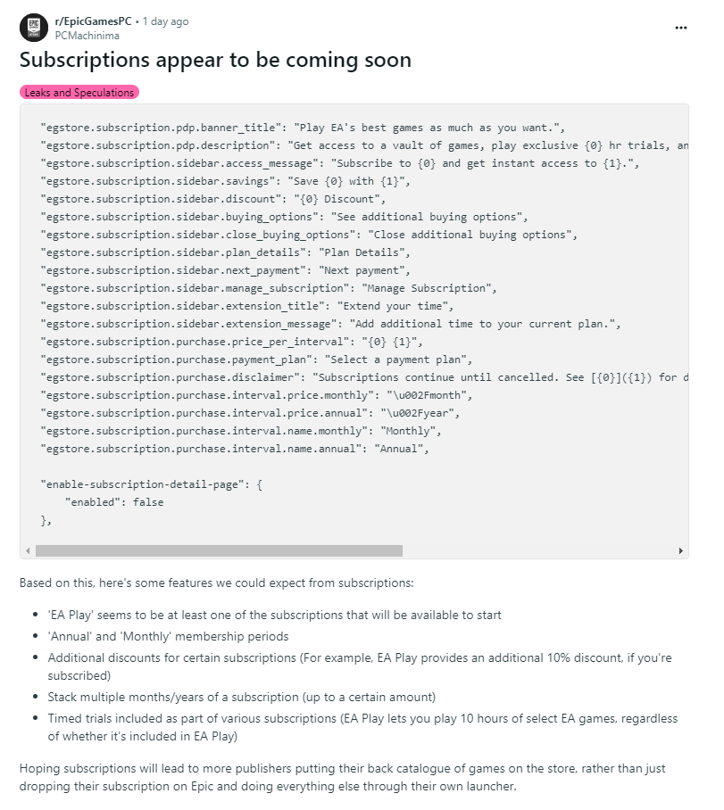 泄露信息表明Epic或将推出自己的订阅服务